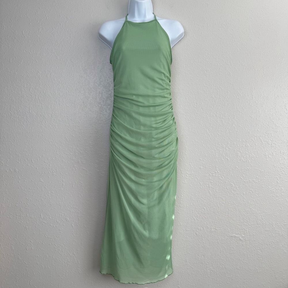 See You Monday green mesh ruched halter maxi bodycon dress M